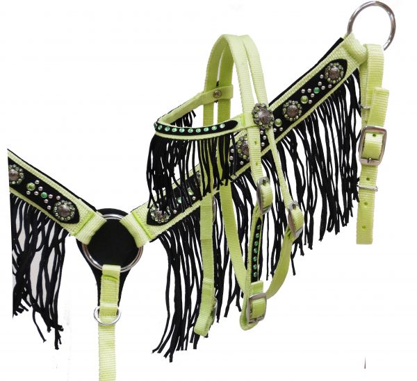 Showman Lime Green Pony Size Headstall Breastcollar Set Nylon Black Overlay 