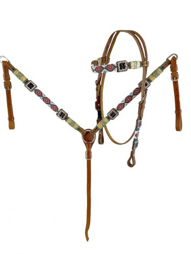 Showman Leather Bridle & Breast Collar Set w/ RED & WHITE Beaded Design NEW TACK